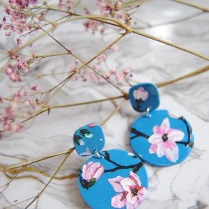 Hand Painted Magnolia blossom geometric polymer clay drop earrings